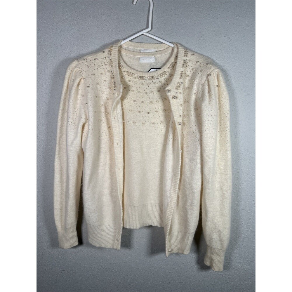 Vintage pearl-embellished cardigan set in cream or ivory #47